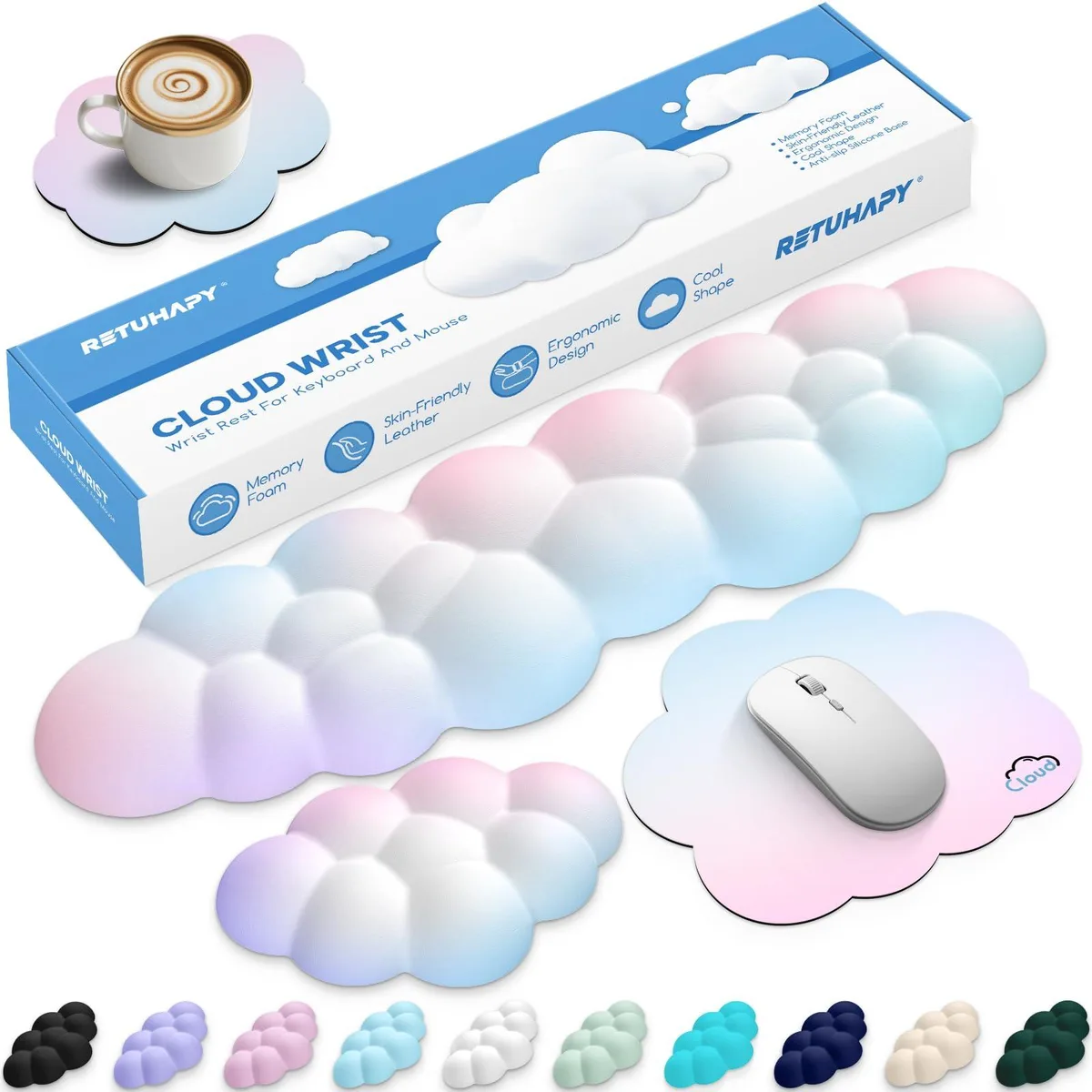 Cloud-shaped memory foam wrist rest set in rainbow colours, tenkeyless keyboard cushion, mouse pad and coaster with silicone bases