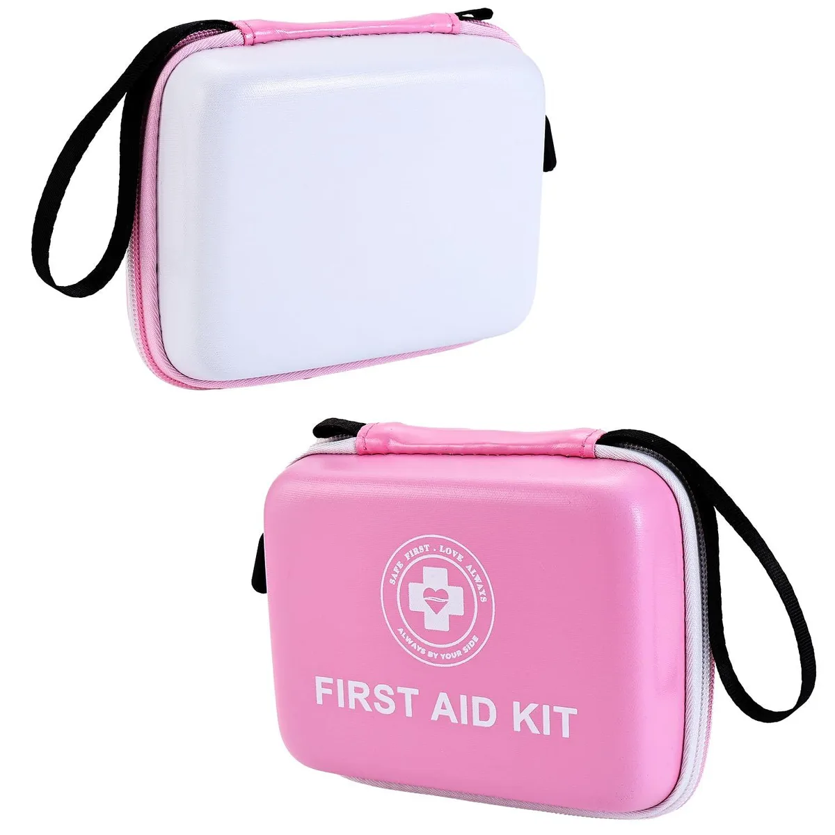 Pink and white compact hard-shell first aid kit with handle and carabiner clip