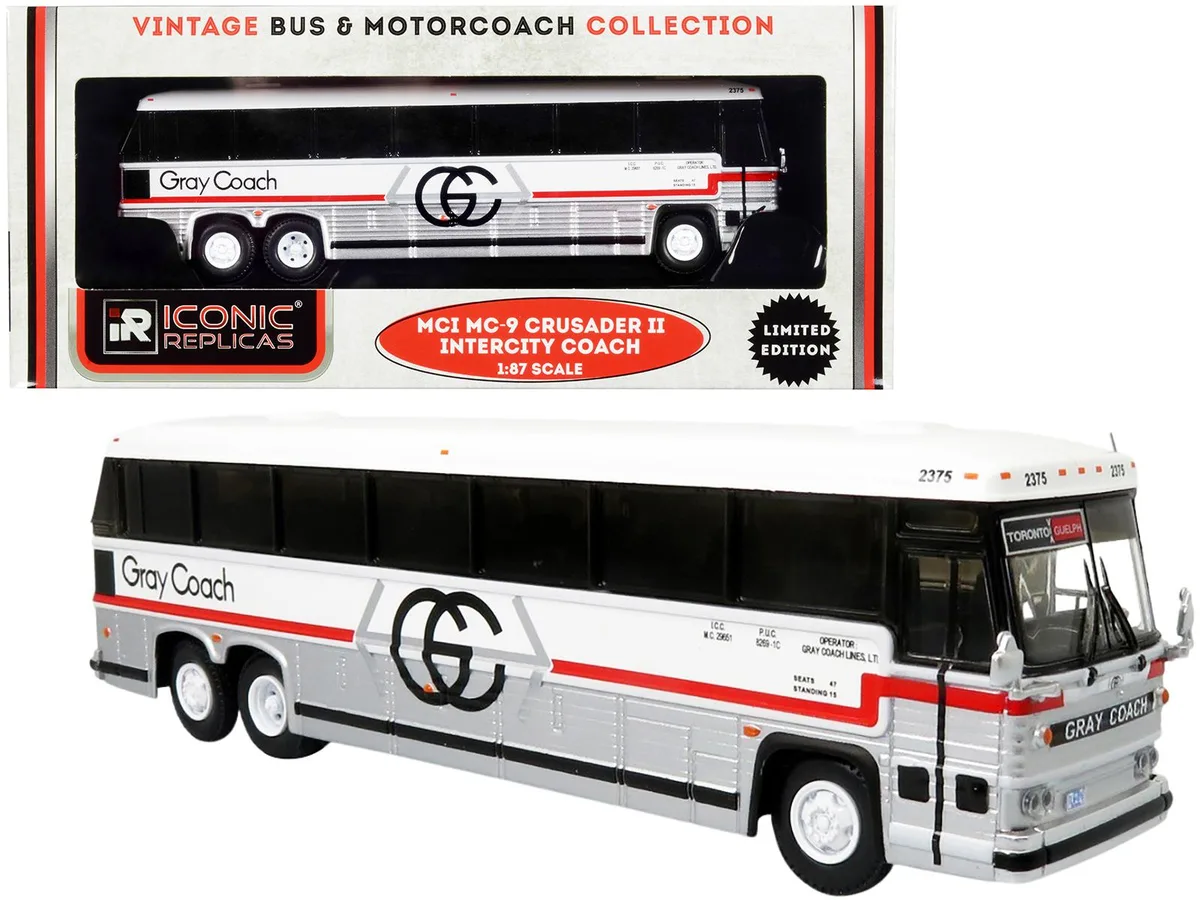 Iconic Replicas Iconic Replicas 1980 MCI MC-9 Crusader II "Toronto - Guelph" Gray Coach 1/87 HO Diecast Bus — product photo