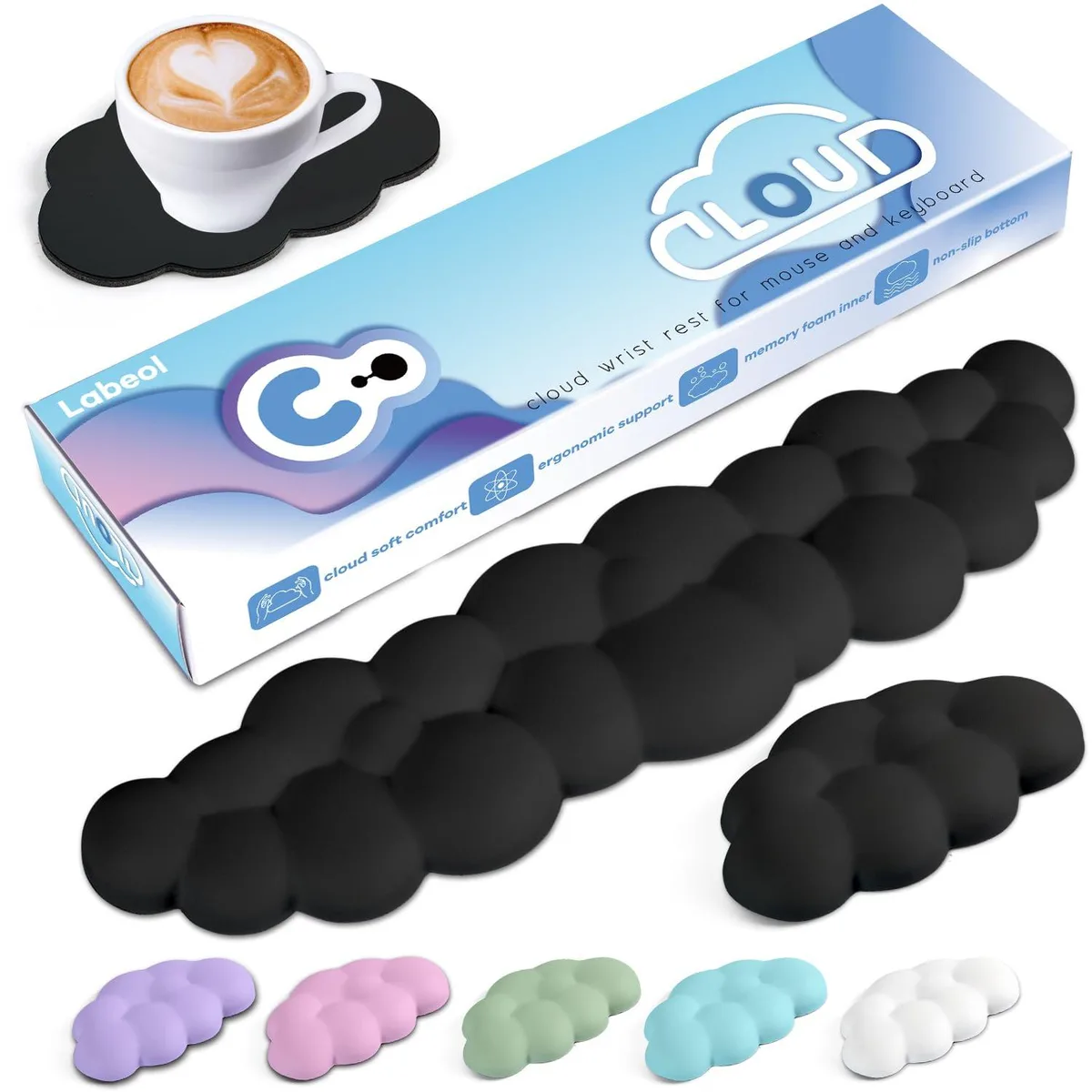Rectangular cloud-shaped wrist rest set, soft PU leather surface, memory foam core, non-slip base