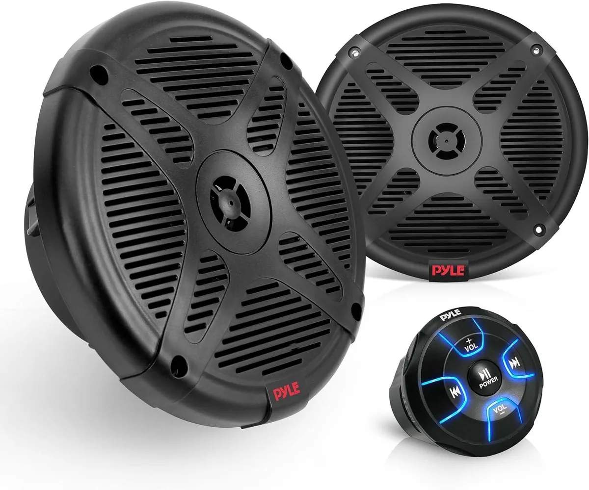 Black 6.5 inch coaxial marine speaker pair with Bluetooth control unit