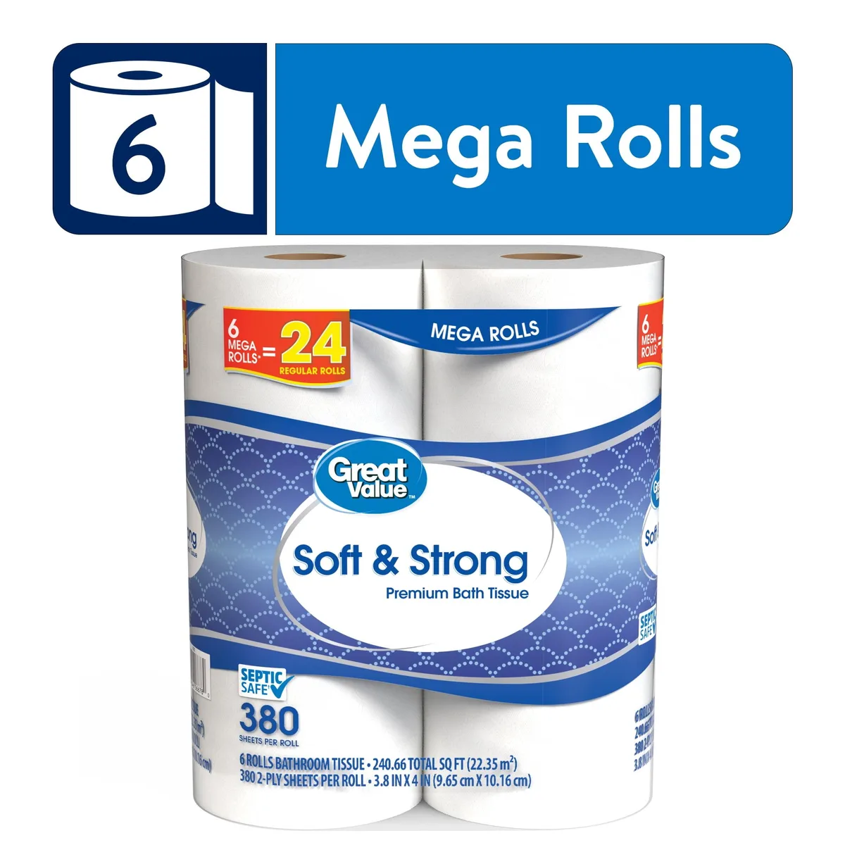 None Continuous None Continuous Great Value Soft &amp; Strong Premium Toilet Paper 6 Mega Rolls 380 Sheets 2 Ply Septic Safe — product photo