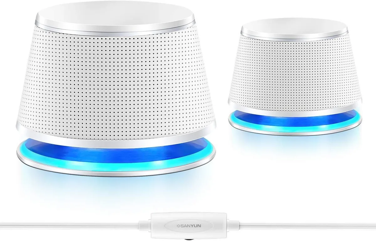 White 2.0 stereo speakers, compact rounded cabinets with blue oval lamp ring, USB powered, 3.5 mm aux input