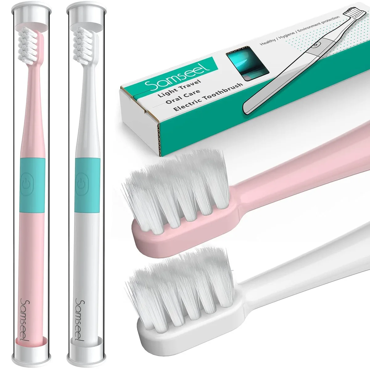 Two slim white and pink sonic toothbrushes side by side