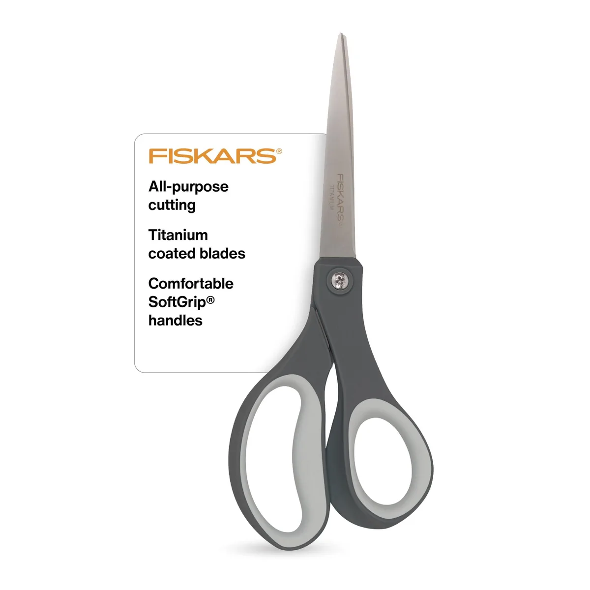 Pair of 8-inch titanium-coated scissors with grey SoftGrip handles