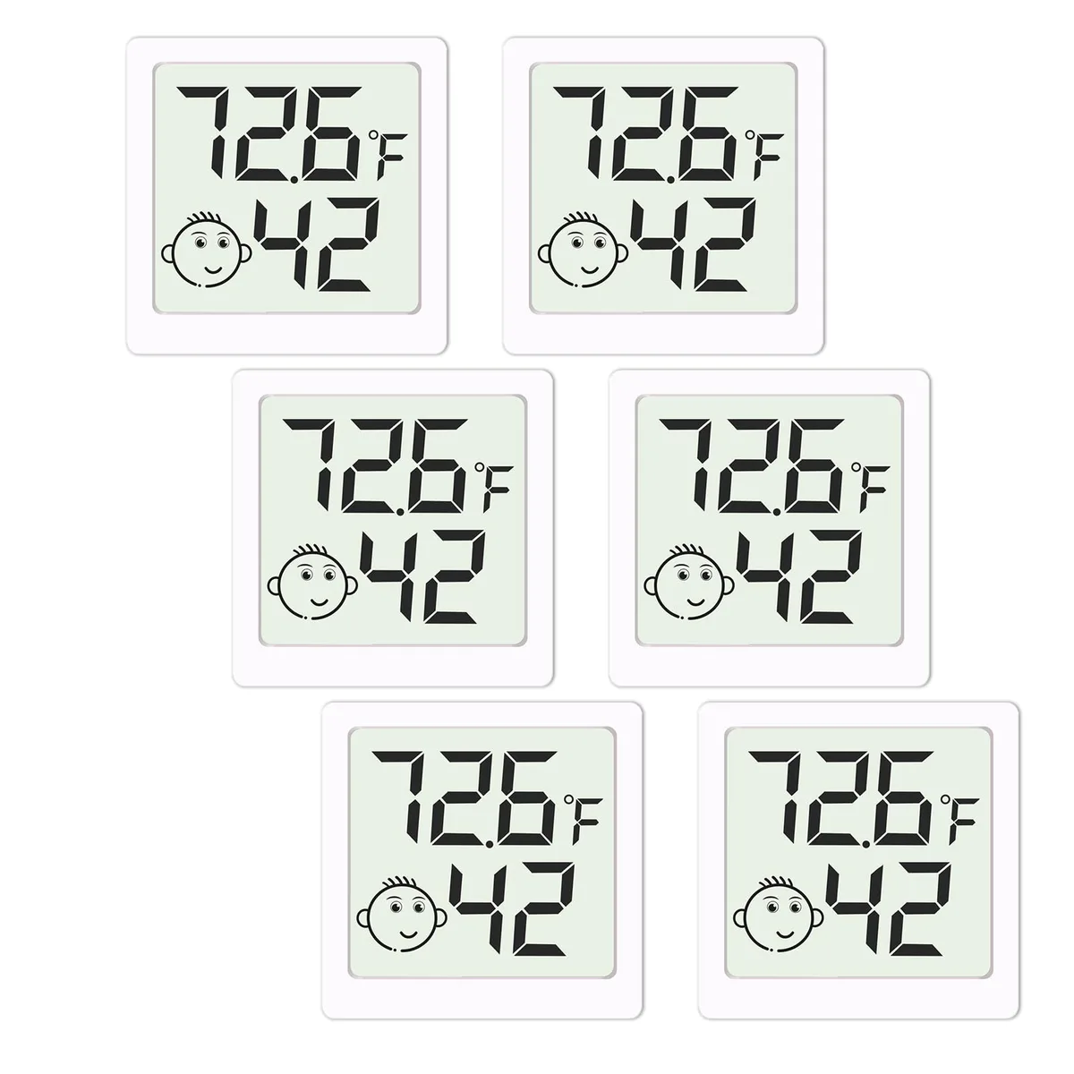 Six white square hygrometers with digital displays and smiley comfort indicators