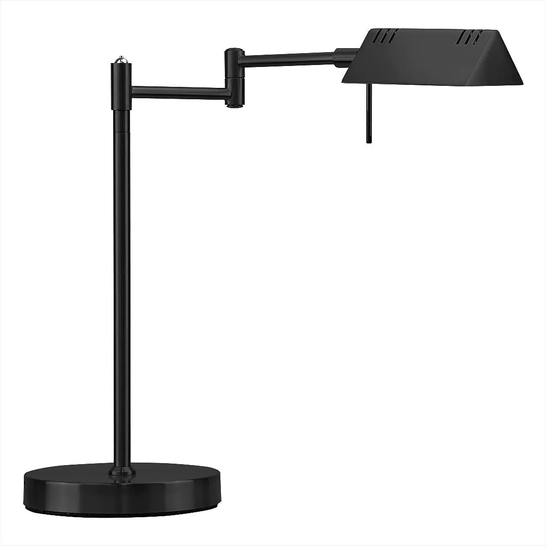 Black metal pharmacy table lamp with adjustable swing arm and swivel head