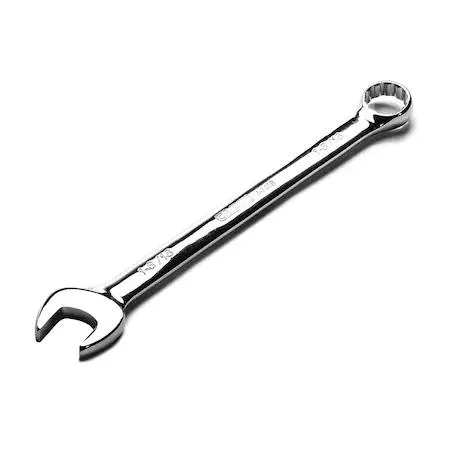 Polished chrome vanadium combination wrench with 12-point box end and canvas roll pouch