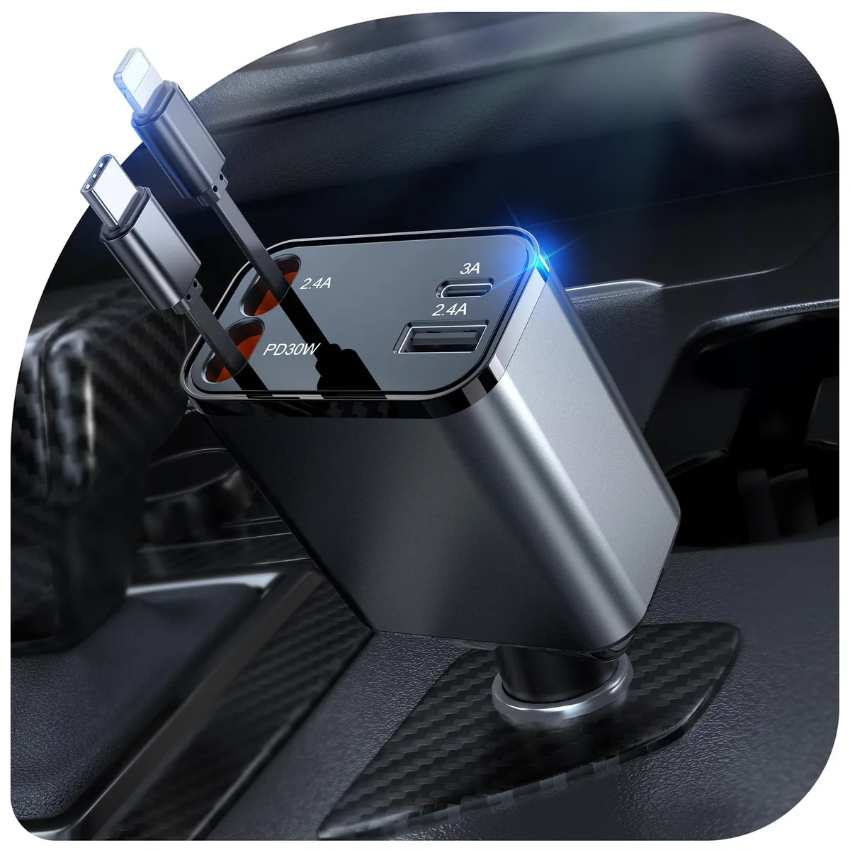 Compact black car charger with two retractable cables and USB ports