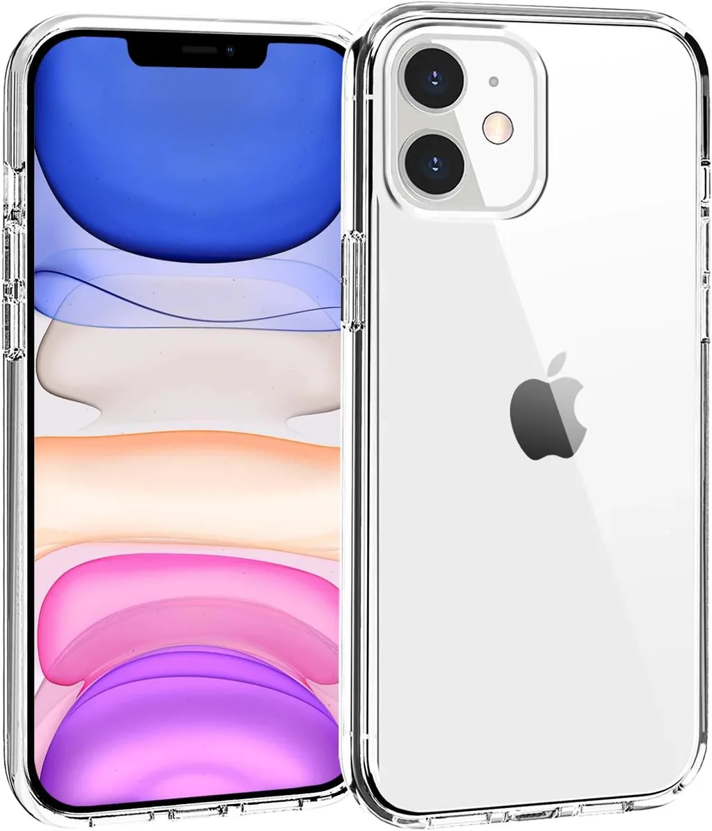 Clear hard-back phone case for iPhone 12 Mini with raised edges and port covers
