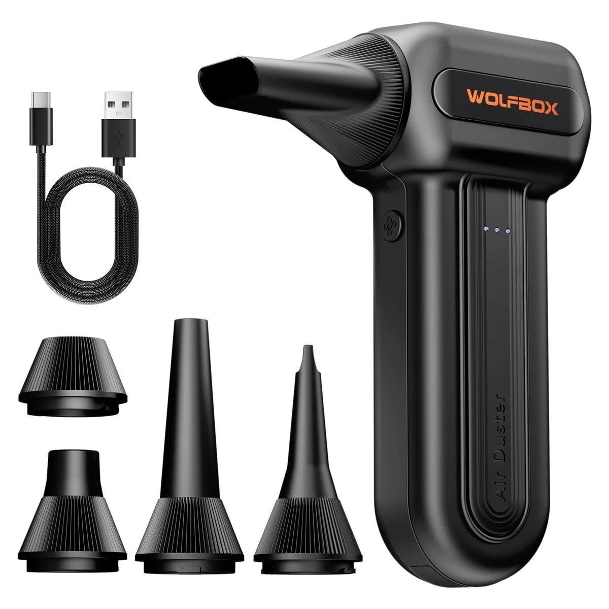 Black cordless electric air duster with nozzle and speed indicator lights