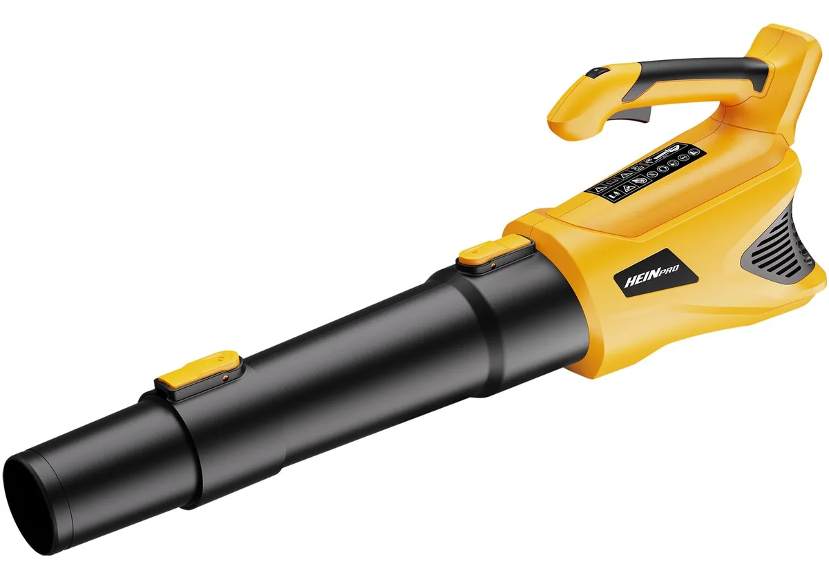 Handheld orange leaf blower with rubber grip and hanging hook