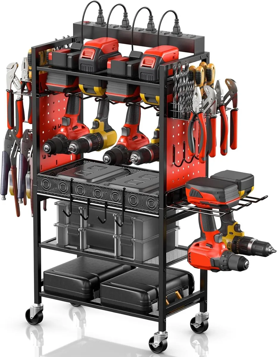 Red rolling tool cart with pegboard side panel, three shelves, bottom basket, six drill holders and built-in eight-outlet power strip