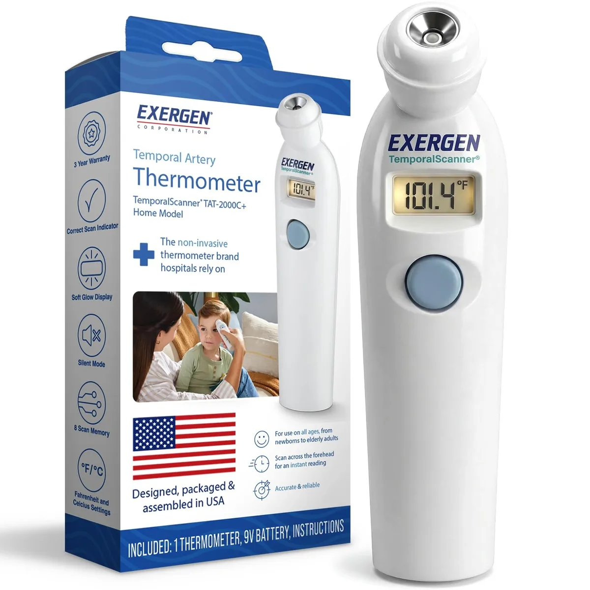 White handheld temporal artery thermometer with curved scanning head and LCD display