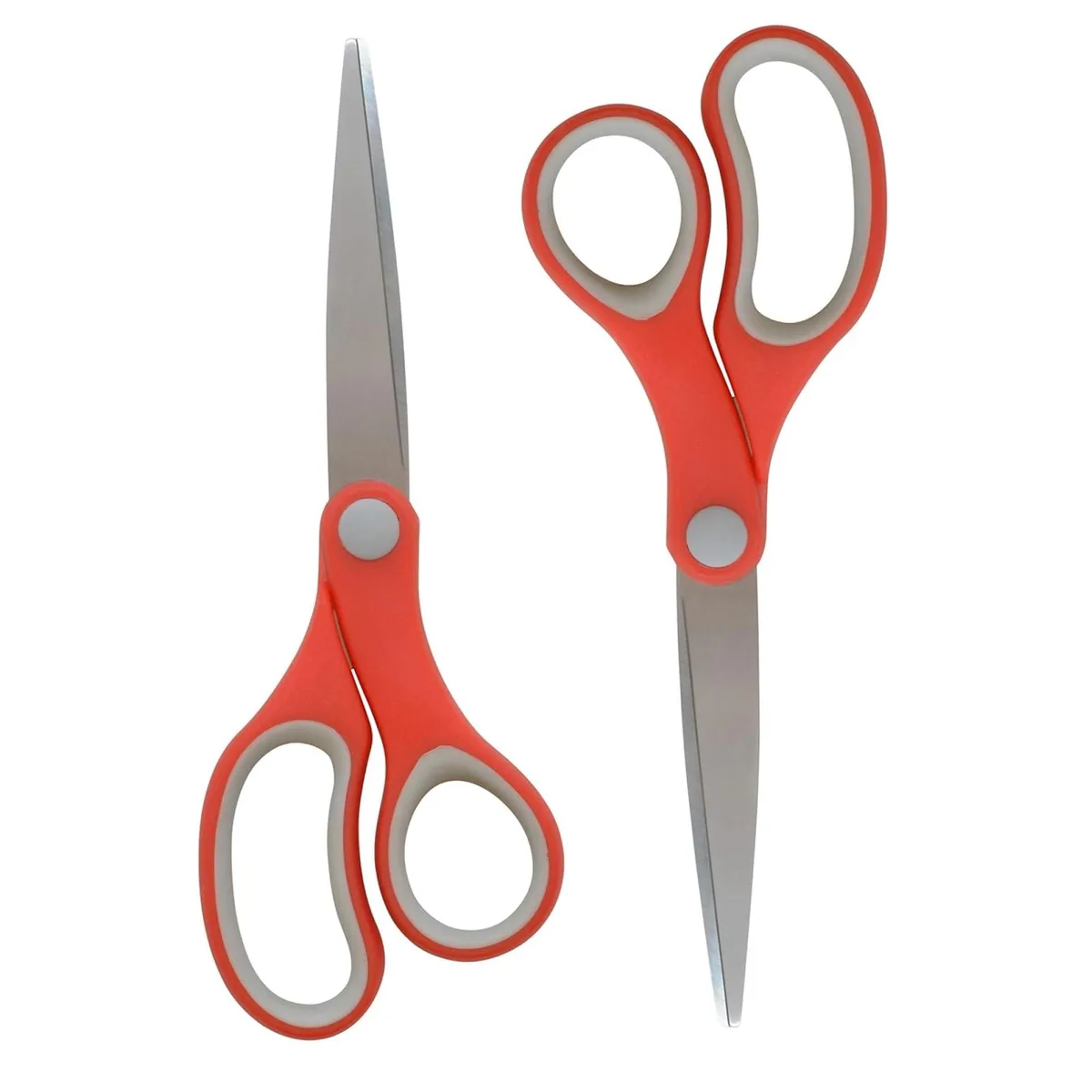 Two pairs of 7-inch pointed student scissors with stainless steel blades and red and grey handles