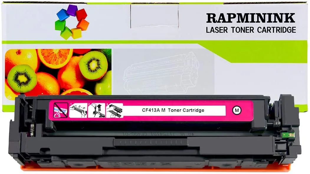 Magenta toner cartridge in rectangular plastic housing