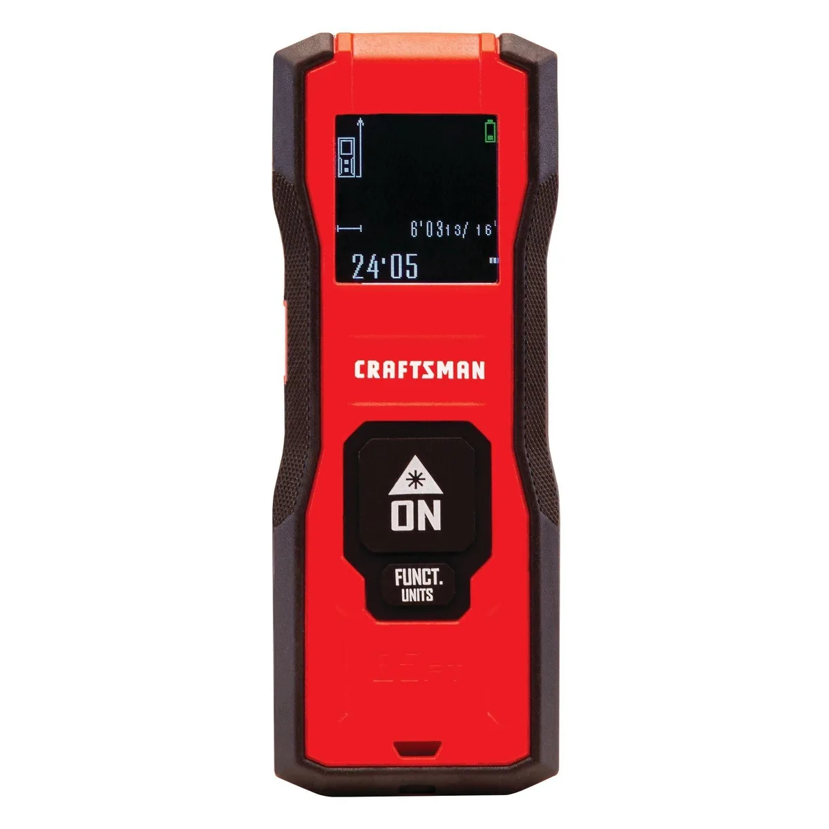 Black rectangular laser distance meter with red accents and USB charging port