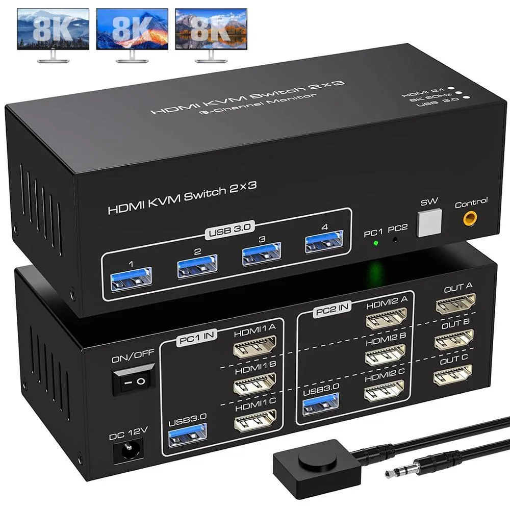 WRIARICH WRIARICH Triple Monitor HDMI KVM Switch 2 PC 3 Monitors 4K144Hz 8K60Hz 4 USB 3.0 — product photo