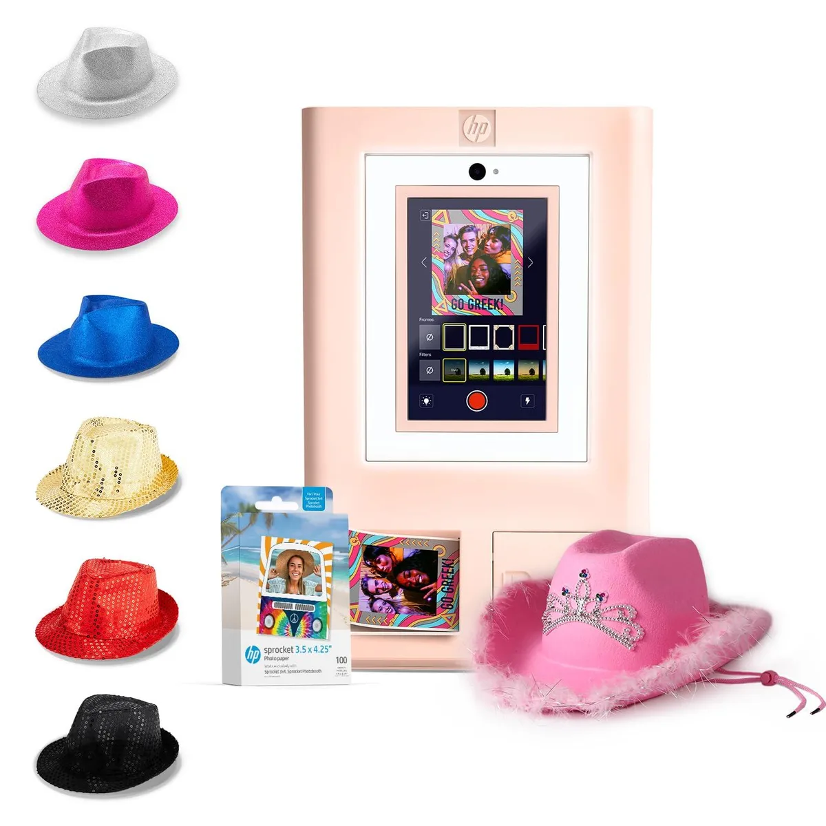 HP HP Sprocket Photo Booth Instant Color Photo Printer Pink 10.1" Touch Screen Zink 20 Prints 100 Sheets Bundle — product photo