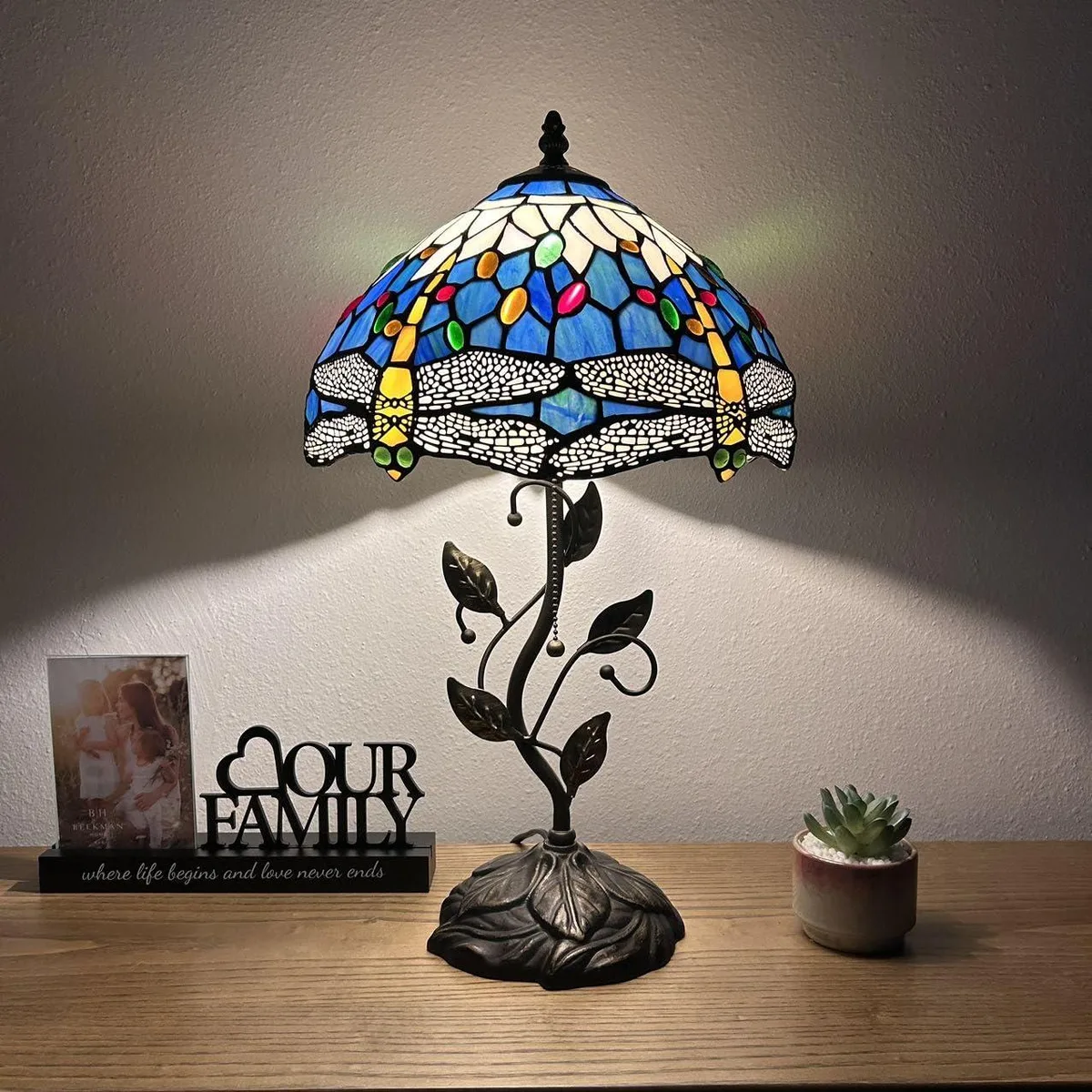 XIN CHENG TIFFANY LIGHTING XIN CHENG TIFFANY LIGHTING Blue Stained Glass Dragonfly Table Lamp 12"W 22"H — product photo