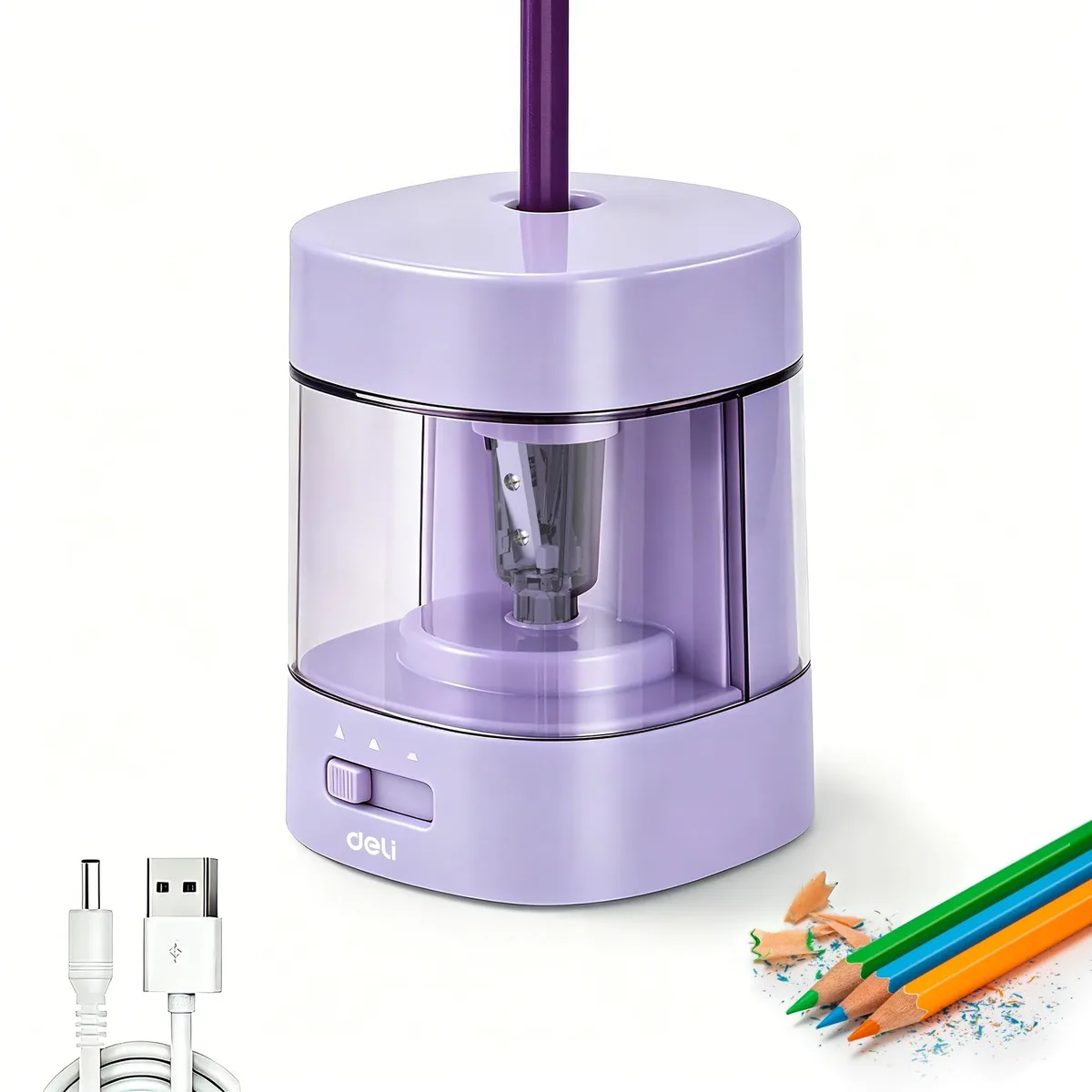 Purple ABS electric pencil sharpener, compact rectangular shape, USB and battery powered