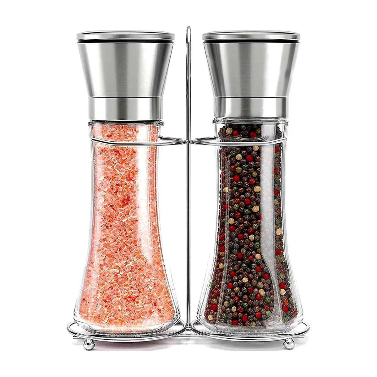 Two clear glass manual grinders with brushed stainless steel tops, 2.5 in wide, .75 cup capacity, on a stand