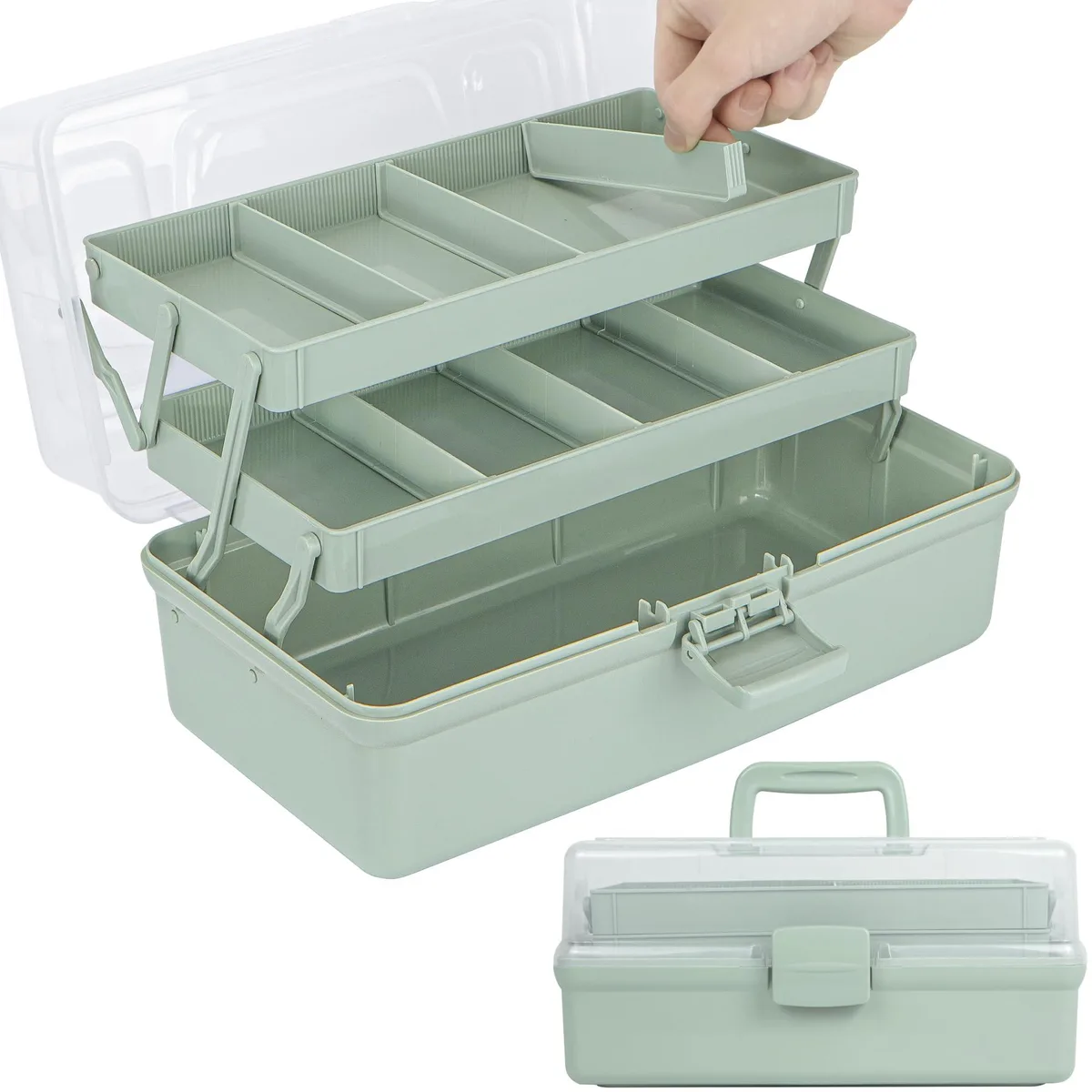Three-layer green polypropylene box with folding trays and adjustable dividers, hidden handle, 12.6 by 7.5 by 6 inches