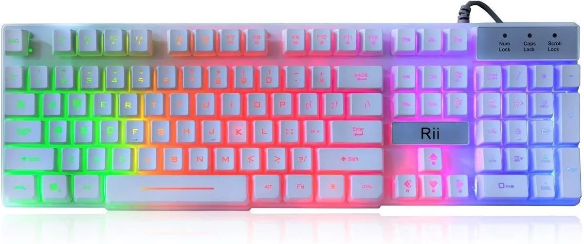  Riitek RK100+ White Gaming Keyboard USB Wired Rainbow LED Backlit 104 Keys 17.1 x 5.3 x 0.9 in — product photo
