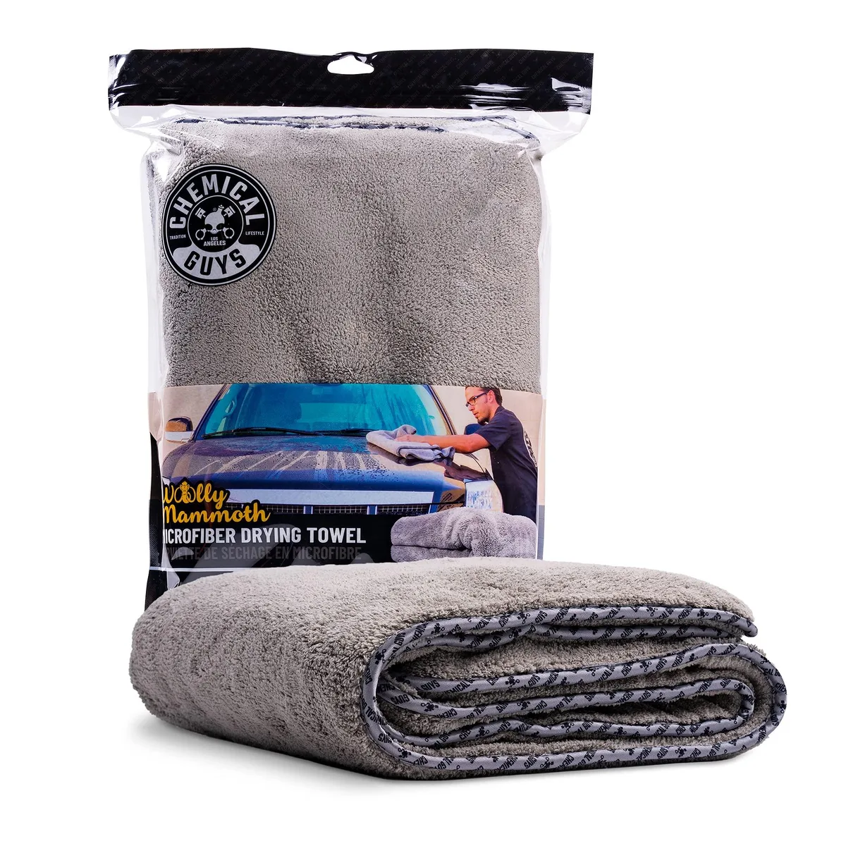 Large rectangular gray microfiber towel with plush pile and silk edges, 36 by 25 inches