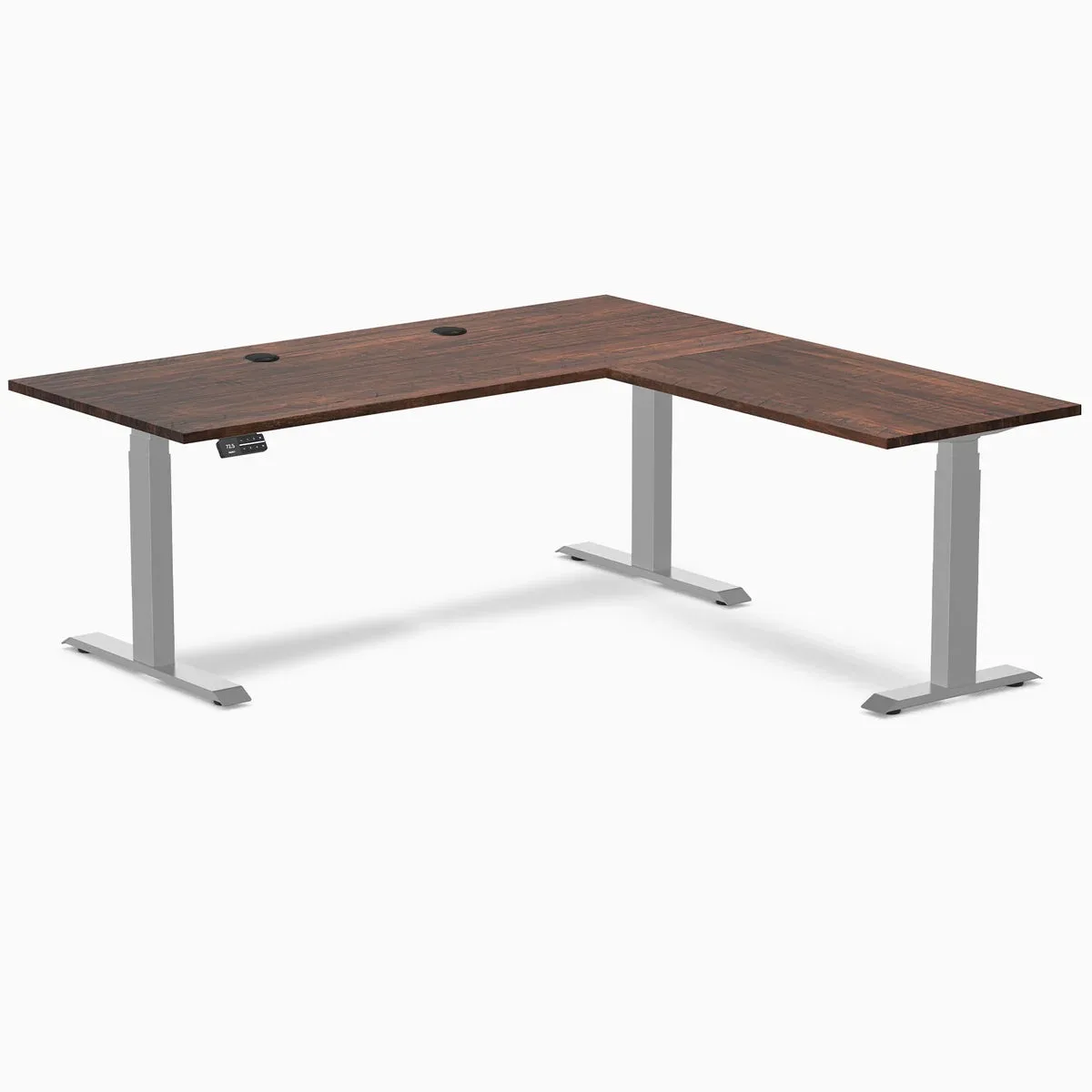 Desky Desky Softwood L-Shape Sit Stand Desk American Rustic Pine Grey 72 x 30 x 70 x 24 in — product photo
