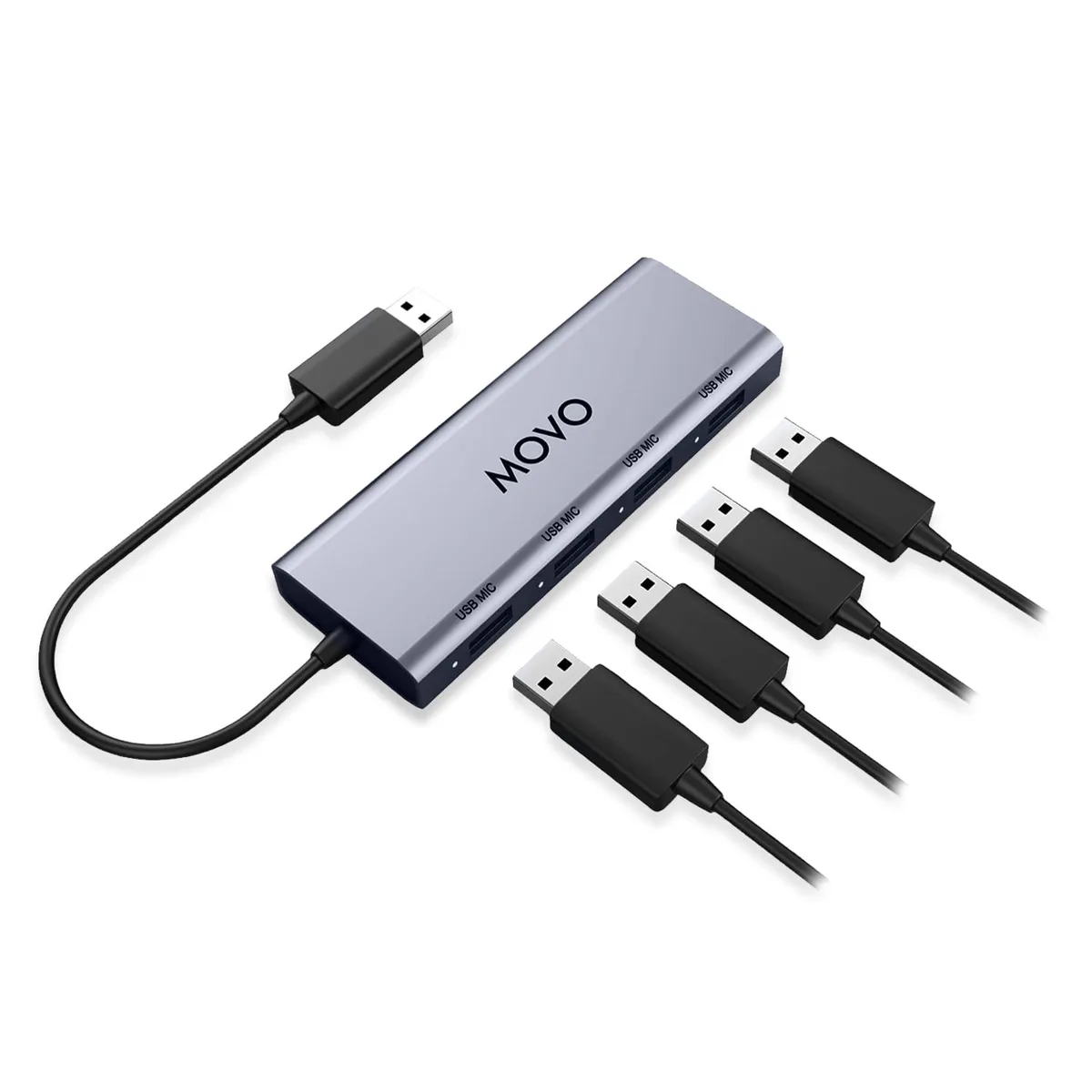 White rectangular hub with four USB ports and 3.5mm jack