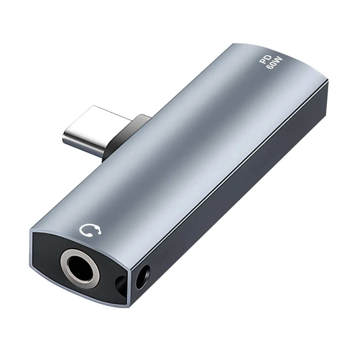Small grey USB-C dongle with 3.5mm jack and USB-C charging port