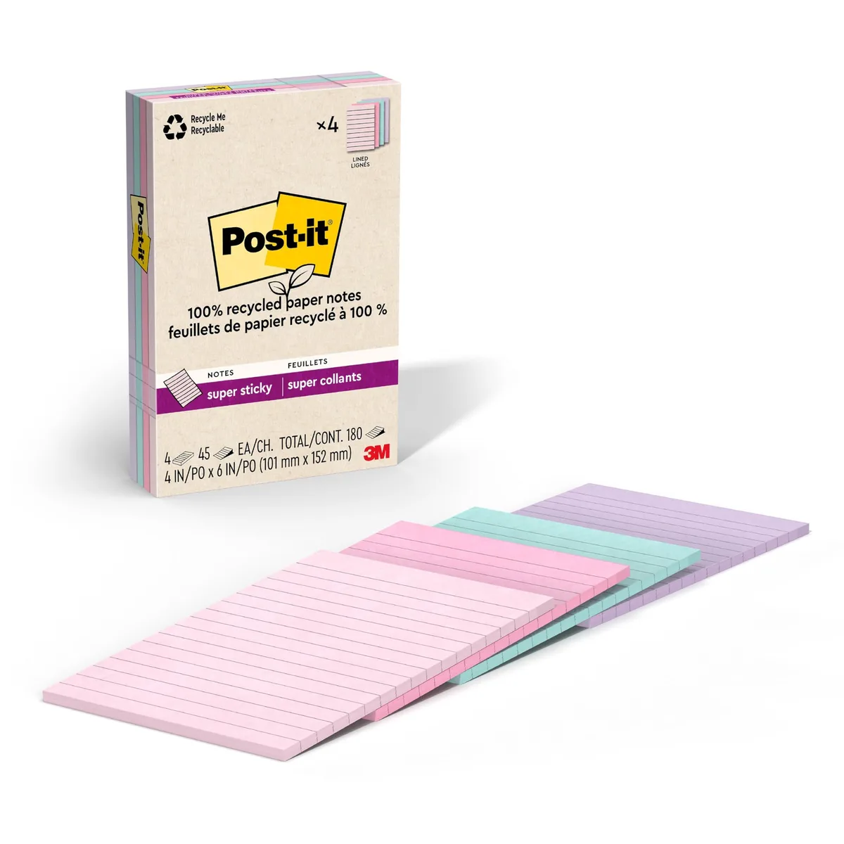 Four pastel-coloured pads of lined square sticky notes in a paperboard carton