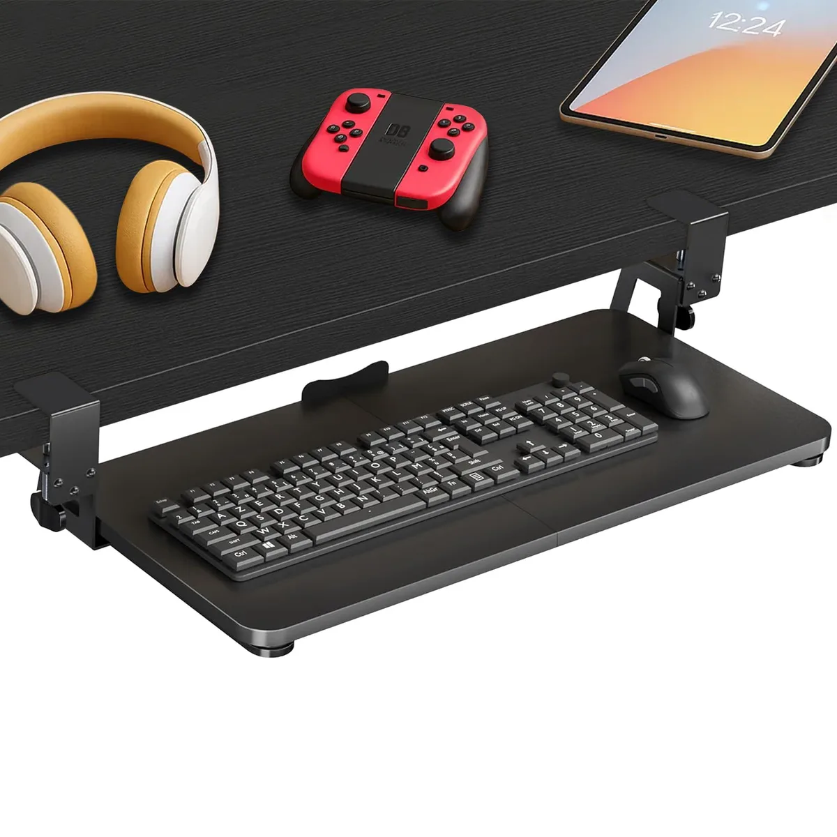 Black rectangular keyboard tray with clamp mount, sliding mechanism and mouse area, 25 by 9.8 inches