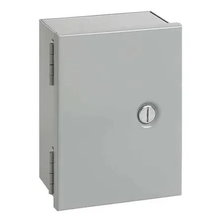Gray powder-coated carbon steel wall-mount enclosure 10 in high 4 in deep hinged solid cover quarter-turn latch