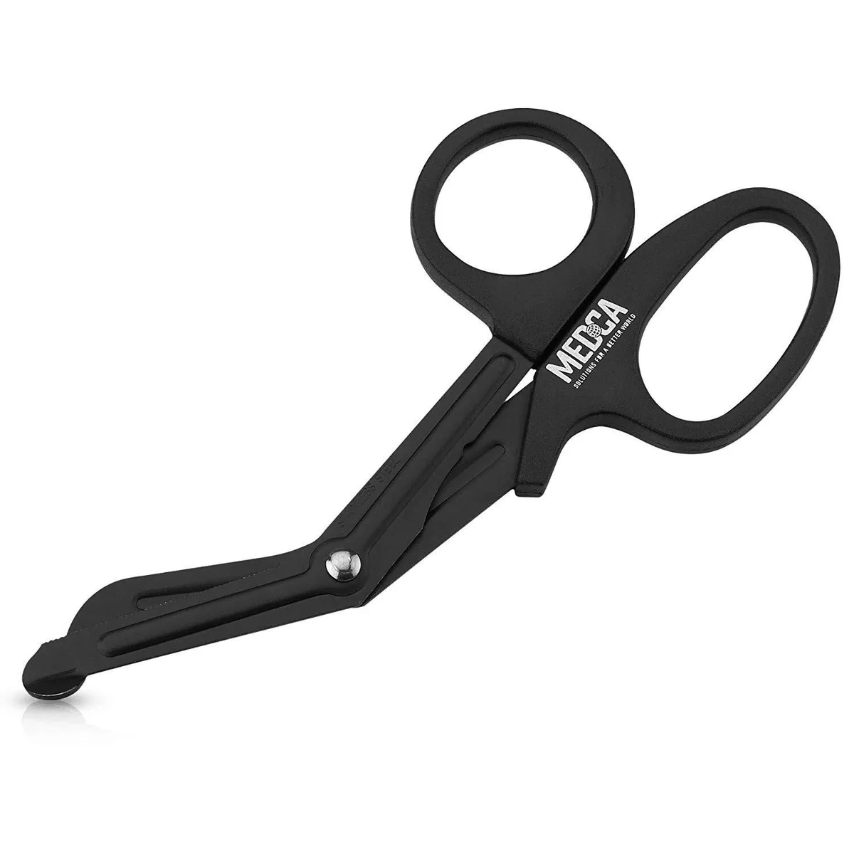 Black 7.5 inch bandage scissors with serrated stainless steel blades and high-impact plastic handles