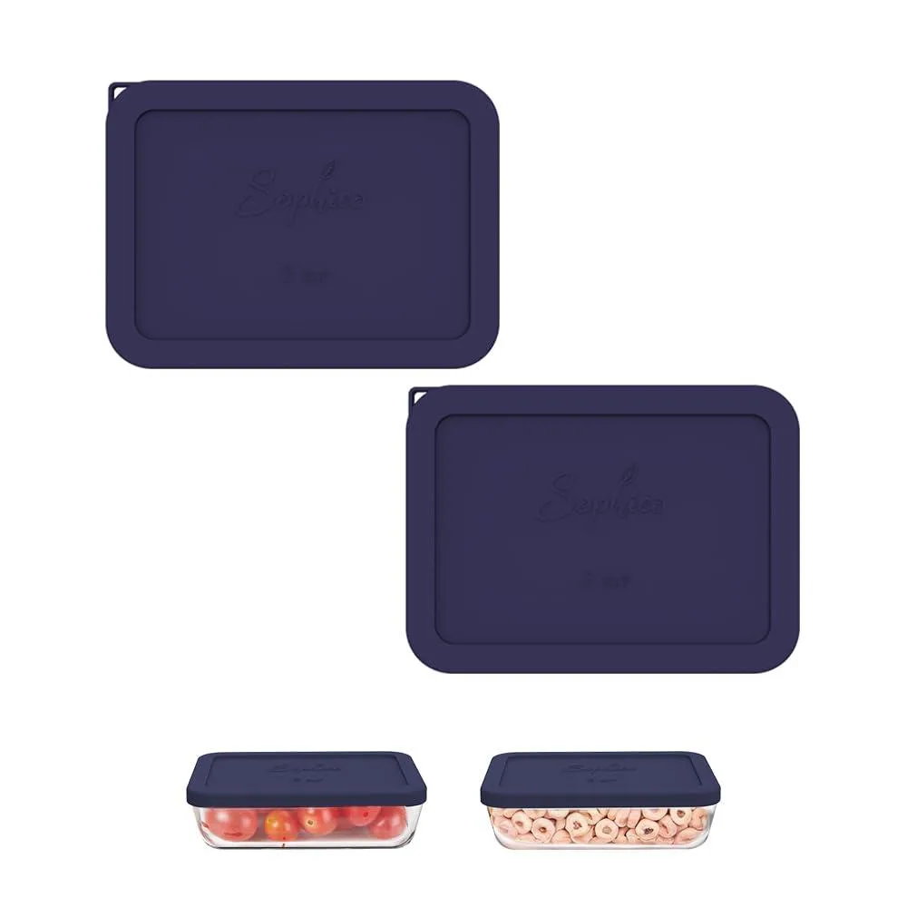 Two rectangular blue silicone lids with hanging holes