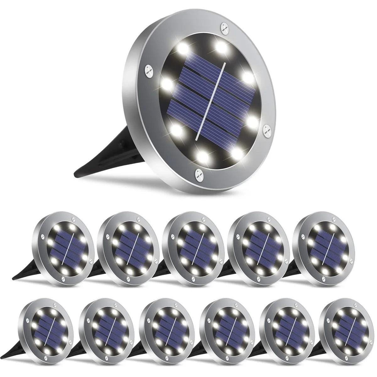 Twelve white solar ground lights with polished chrome finish and ABS shades, 4.6 inch diameter