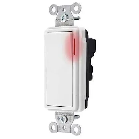 White rocker wall switch with pilot light, thermoplastic housing, modular wiring back entry