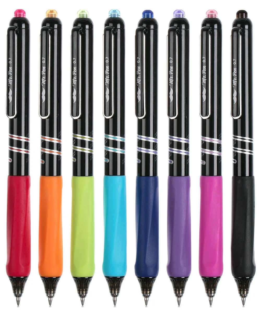 Eight retractable gel pens in assorted vibrant colours, 0.7mm tips, plastic barrels with clips