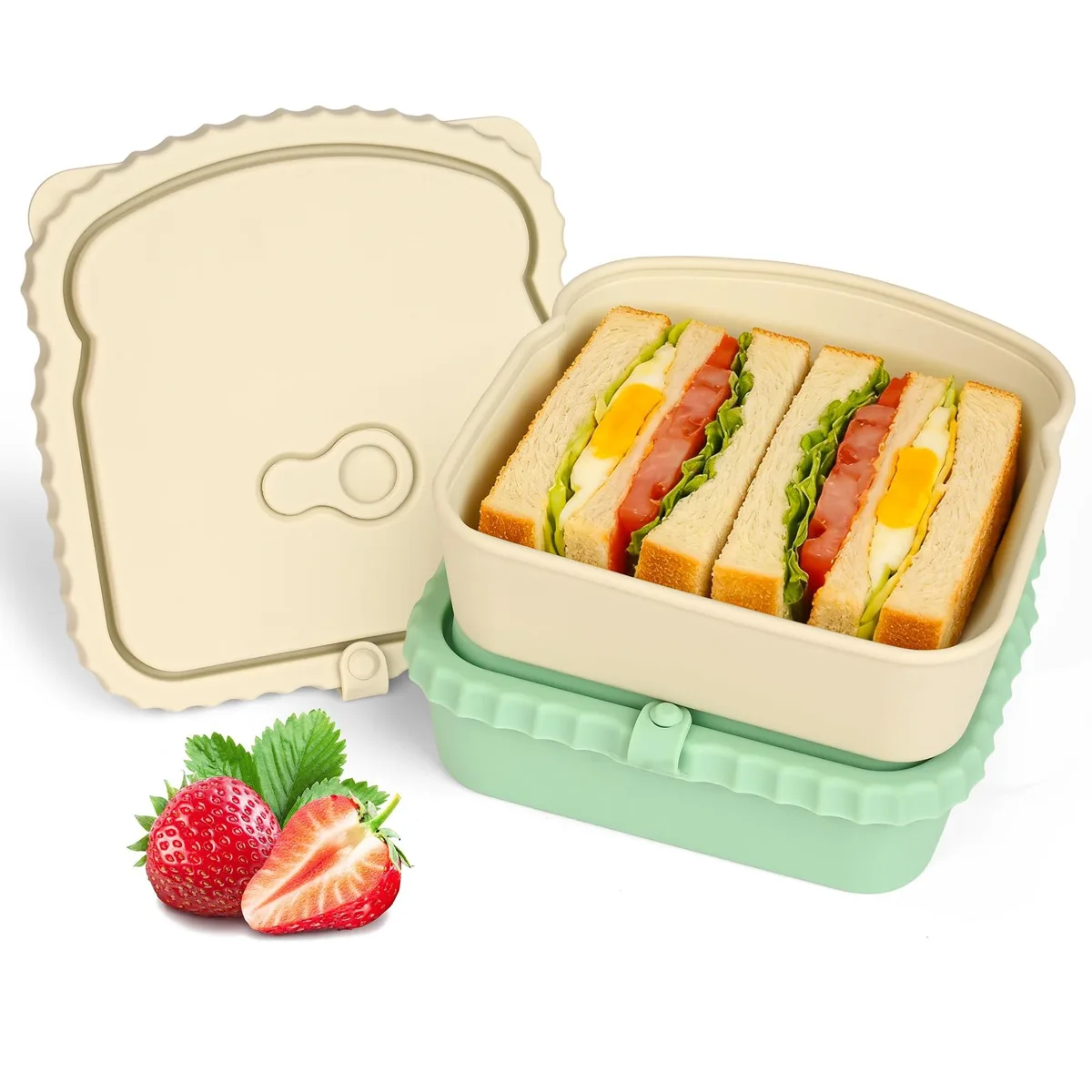 Two rectangular 15oz silicone food containers with leakproof lids in red