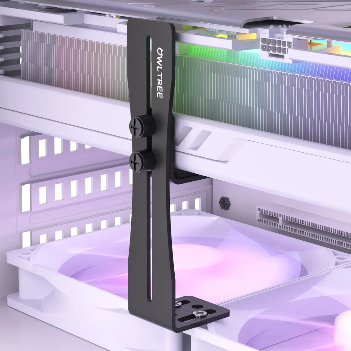 Black metal GPU support bracket with adjustable height screw and non-slip pads