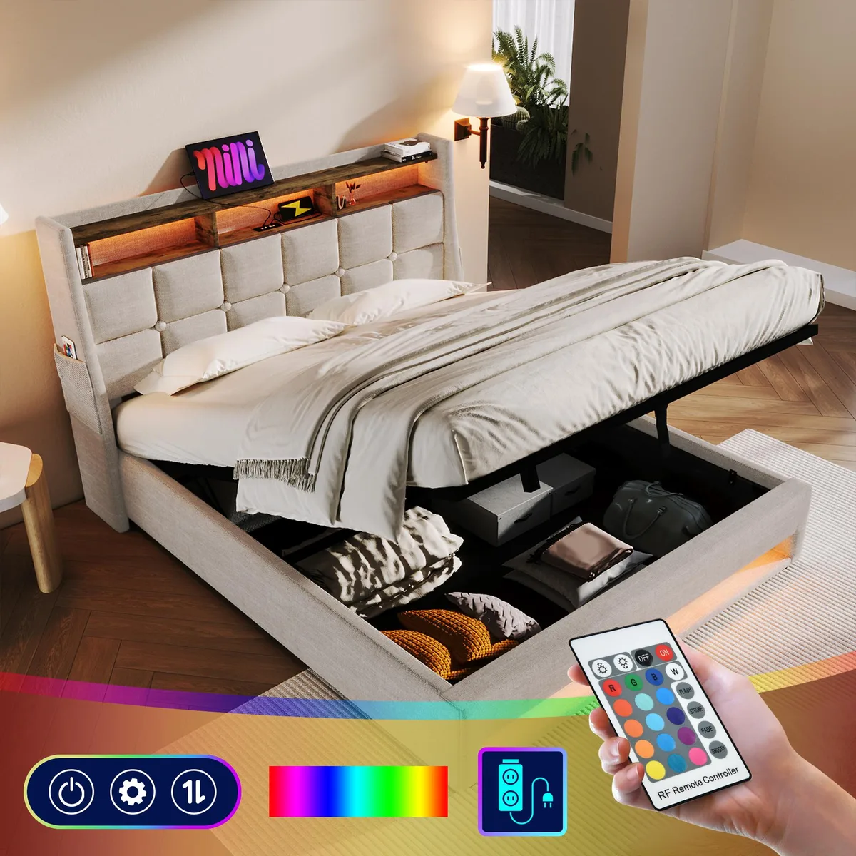 Queen platform bed, natural wood finish, upholstered headboard, LED lighting, hydraulic storage base