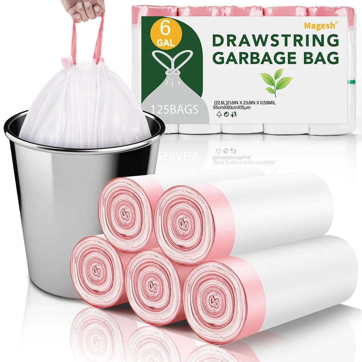 White drawstring trash bags in bulk pack of 125 count