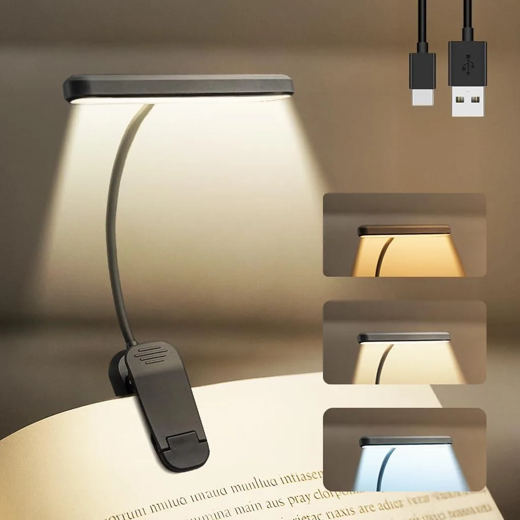 Black clip-on book light with flexible gooseneck and 25 LEDs