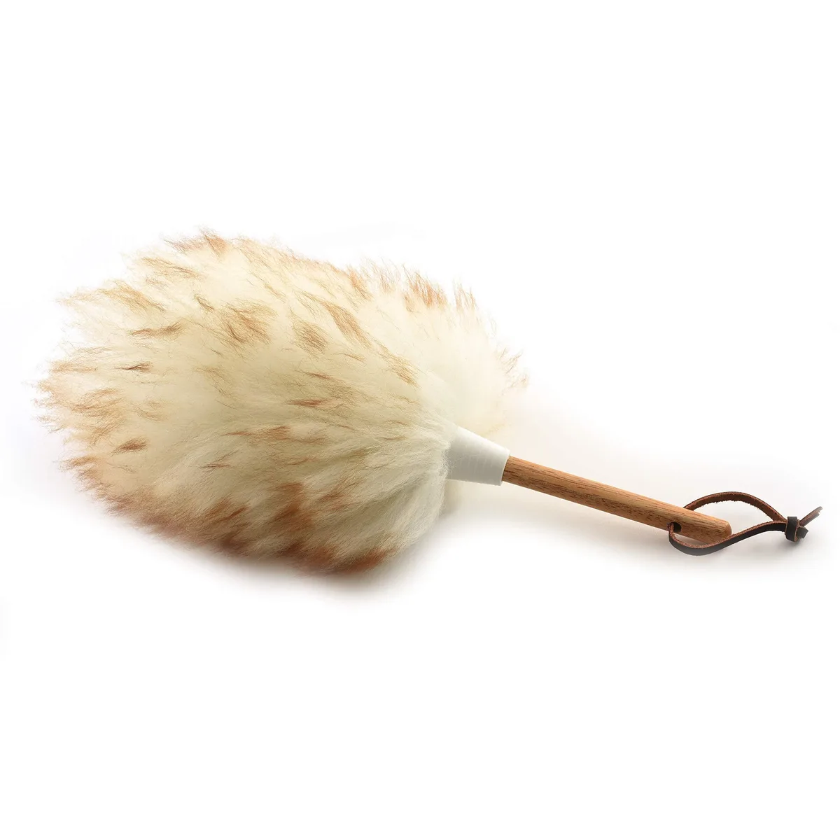 White lambswool duster with wooden handle and leather loop