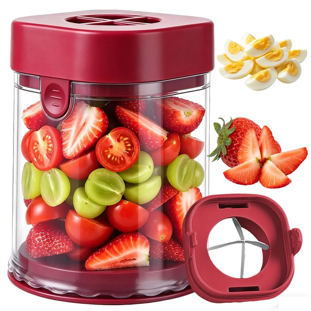 Red fruit slicer cup with stainless steel blade and transparent body