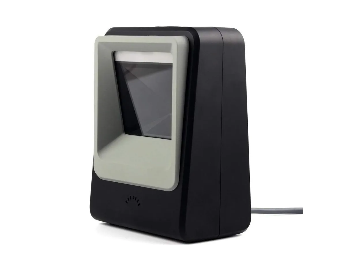 Black rectangular barcode scanner with glossy finish and USB cable