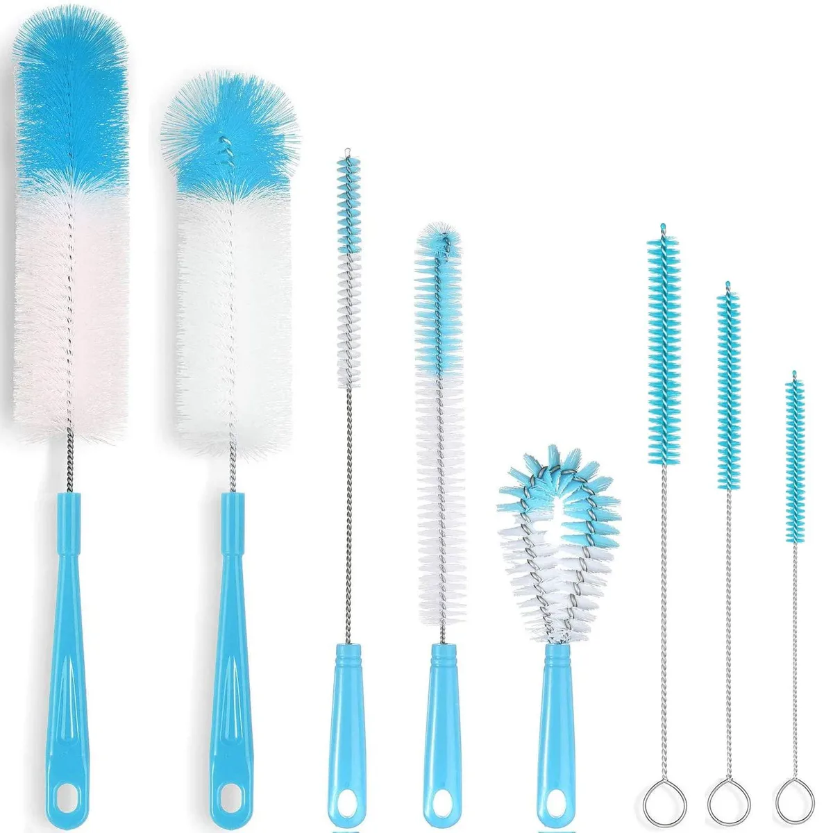 Eight cleaning brushes with long handles and hanging holes