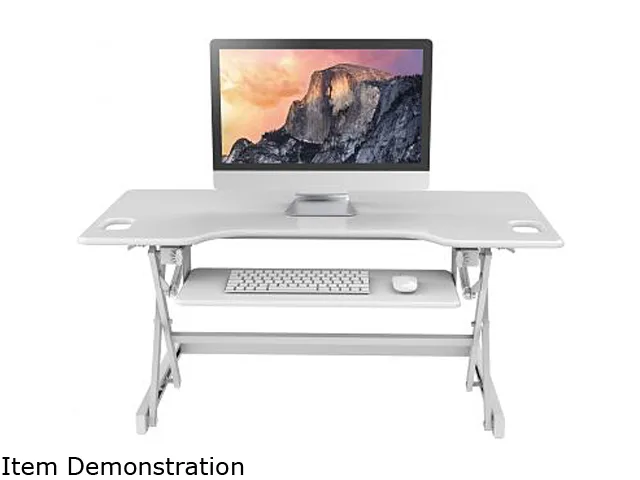 White desk riser, 46 inches wide, height adjustable from 5 to 20 inches, with retractable keyboard tray